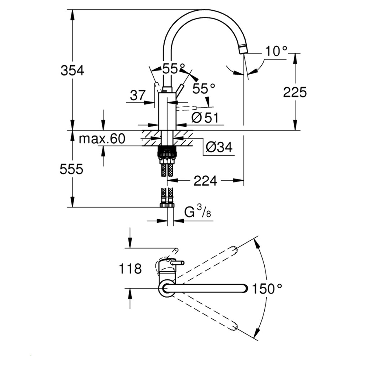 GROHE Concetto Mitigeur monocommande Evier bec haut 32661003