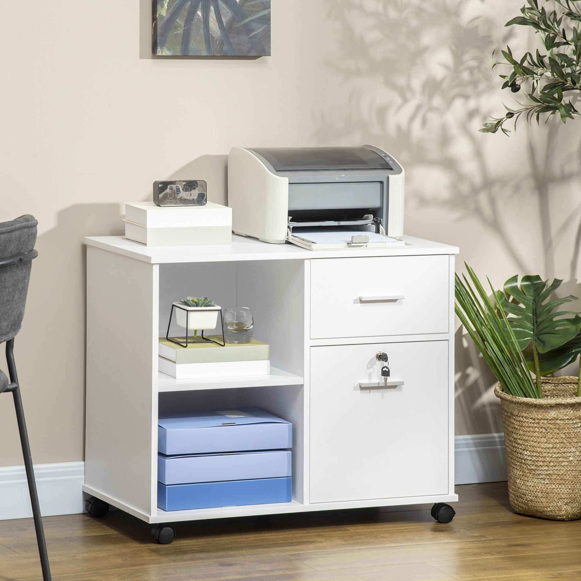 Support d'imprimante organiseur bureau caisson avec 2 tiroirs dont 1 verrouillable avec clé 2 niches grand plateau dim 80L x 40l x 66,5H cm blanc