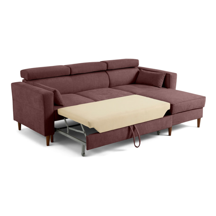 Alicante - canapé d'angle réversible convertible avec têtières - coffre - 4 places - en tissu texturé - Prune