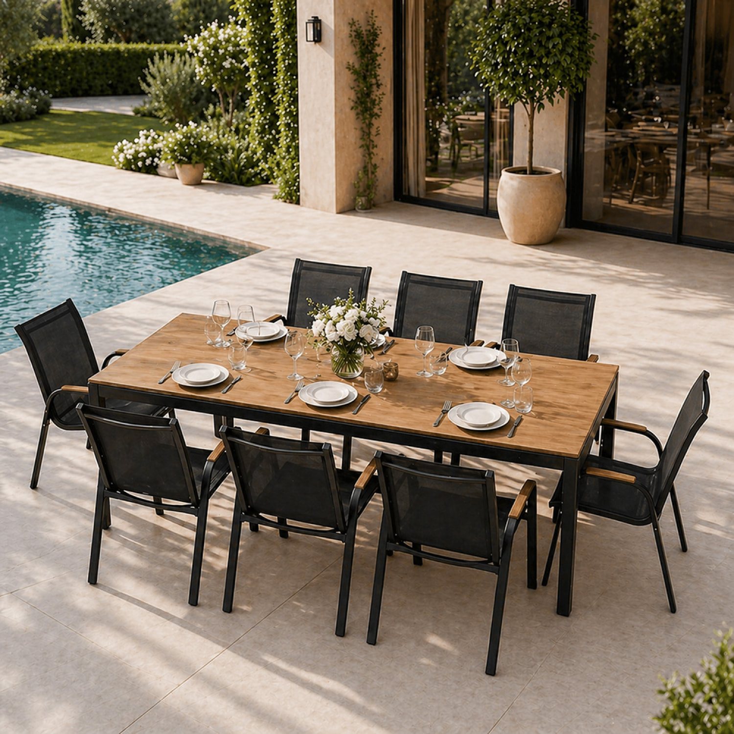 Salon de jardin 8 places avec table 190cm effet bois PANAY