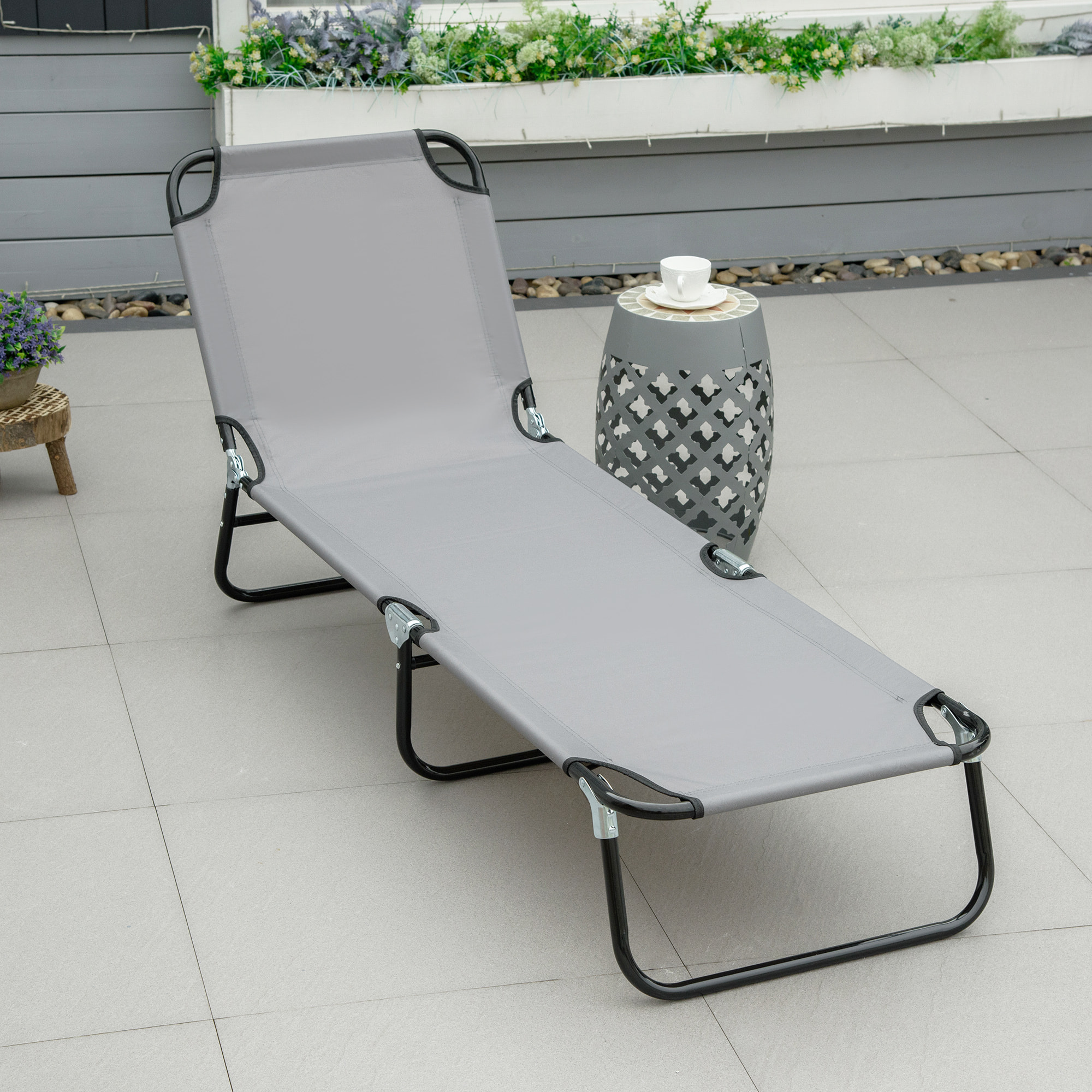 Tumbona Plegable Reclinable con ángulo Ajustable de 5 Posiciones para Jardín Exterior Piscina Terraza Camping Carga 120 kg 188x56x28 cm Gris