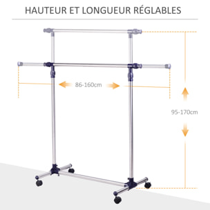 Portant sur roulettes - portant à vêtements réglable en hauteur et longueur - dim. 86/160L x 45l x 95/170H cm - acier inox.