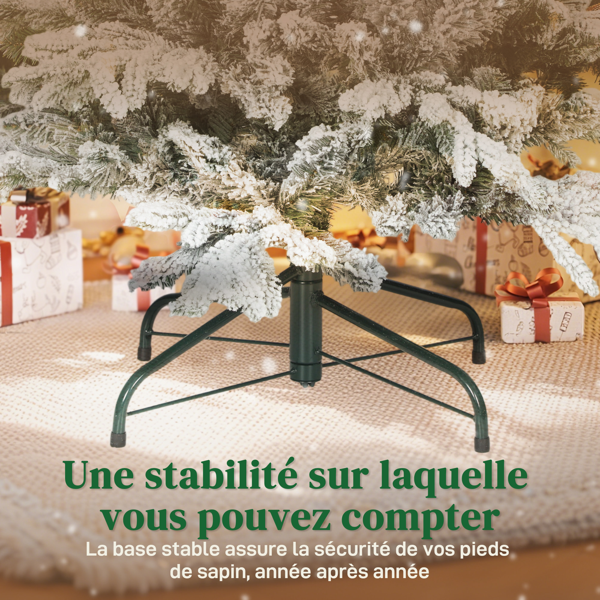 Sapin de Noël artificiel enneigé H.180cm 1815 branches grand réalisme support métal pliable vert blanc