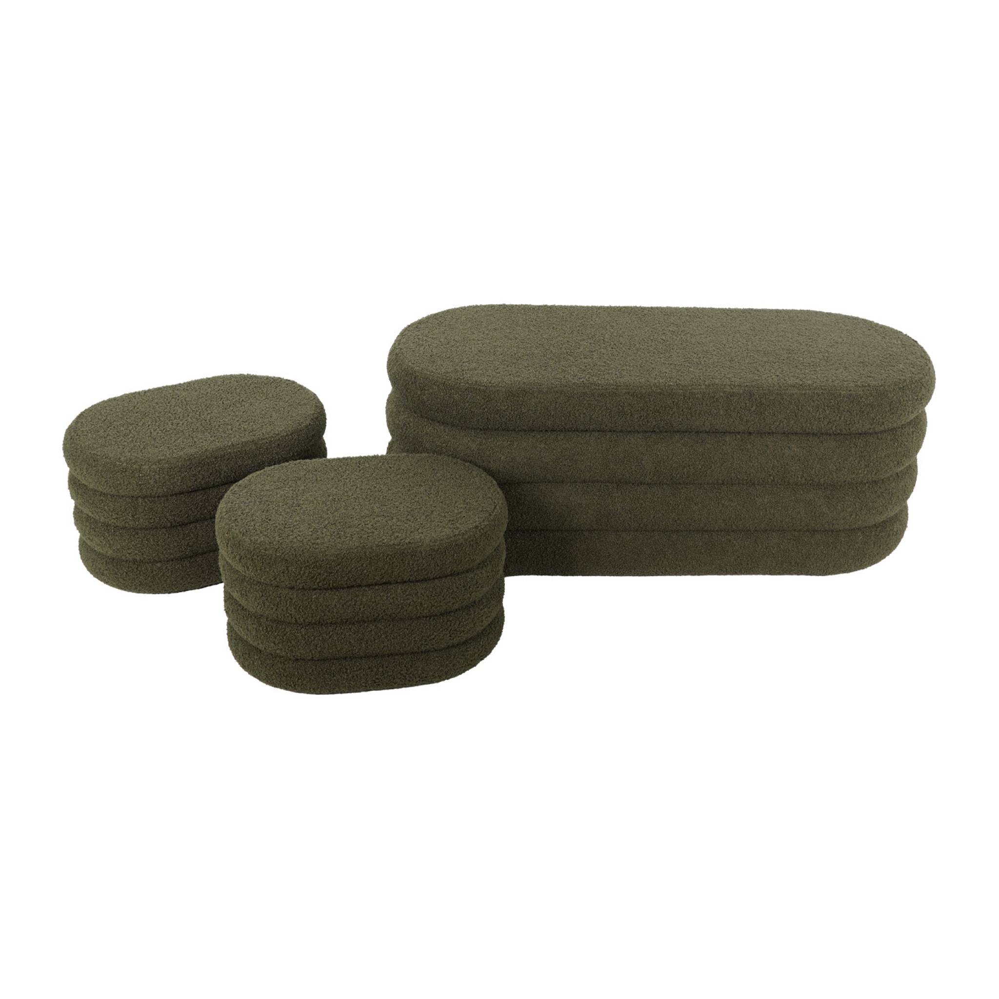 Banc coffre en bouclettes kaki avec 2 poufs ovales de rangement intégrés - L111cm