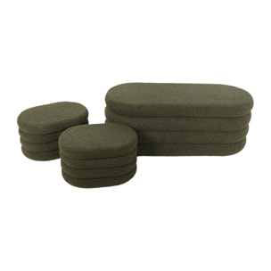 Banc coffre en bouclettes kaki avec 2 poufs ovales de rangement intégrés - L111cm