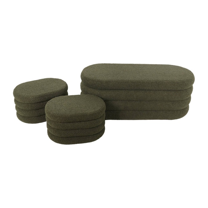 Banc coffre en bouclettes kaki avec 2 poufs ovales de rangement intégrés - L111cm