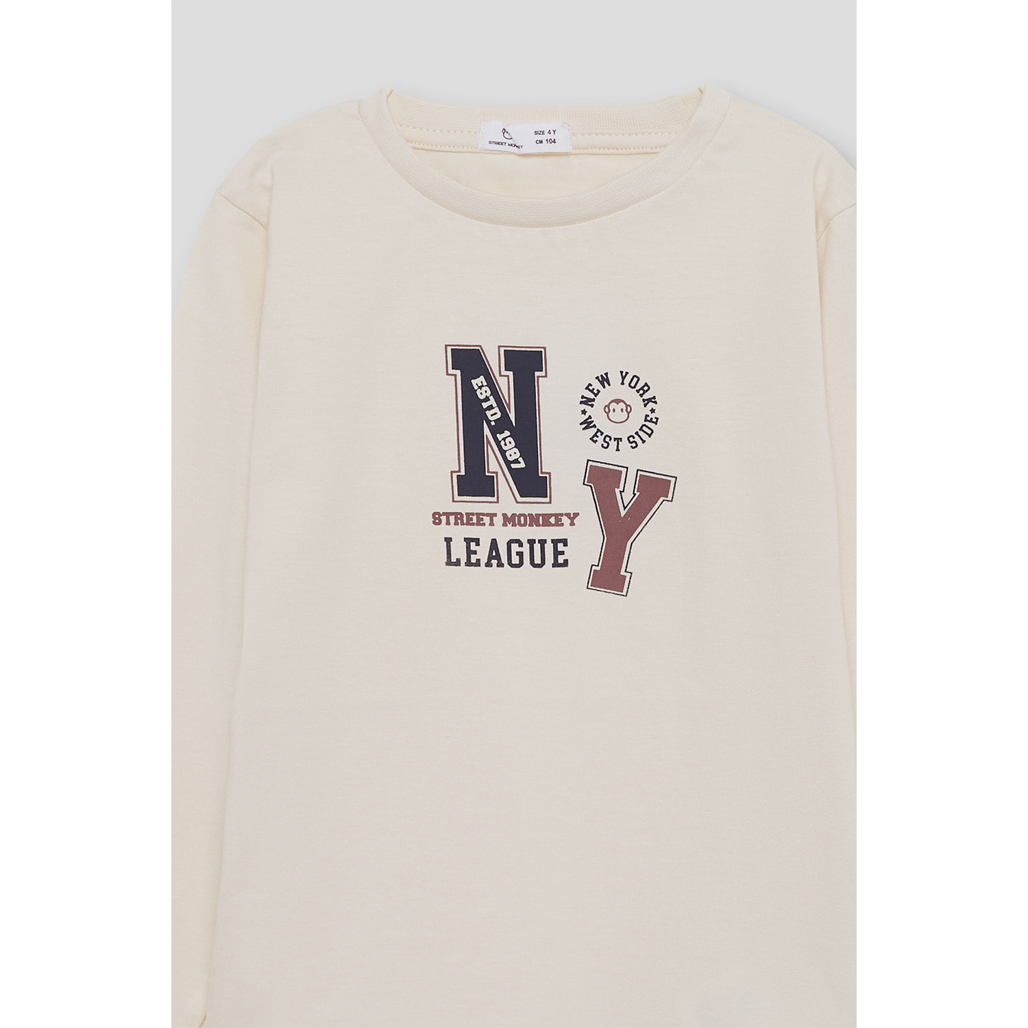 Camiseta niño crudo de manga larga, estampado universitario Street Monkey League | Color: Crudo | Street Monkey