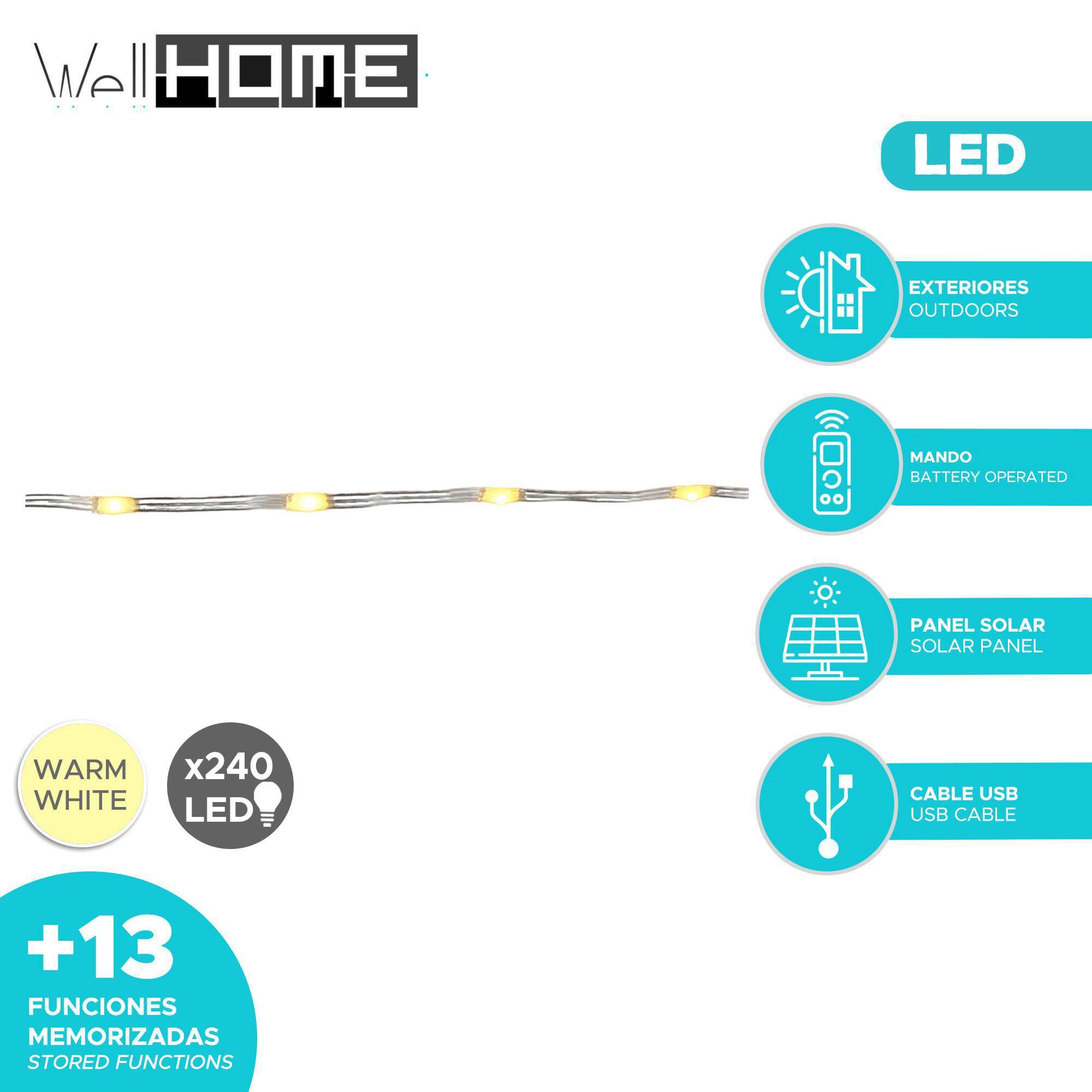 Luz solar led recargable con control remoto blanco cálido con 13 modos, temporizador y cable de 3m