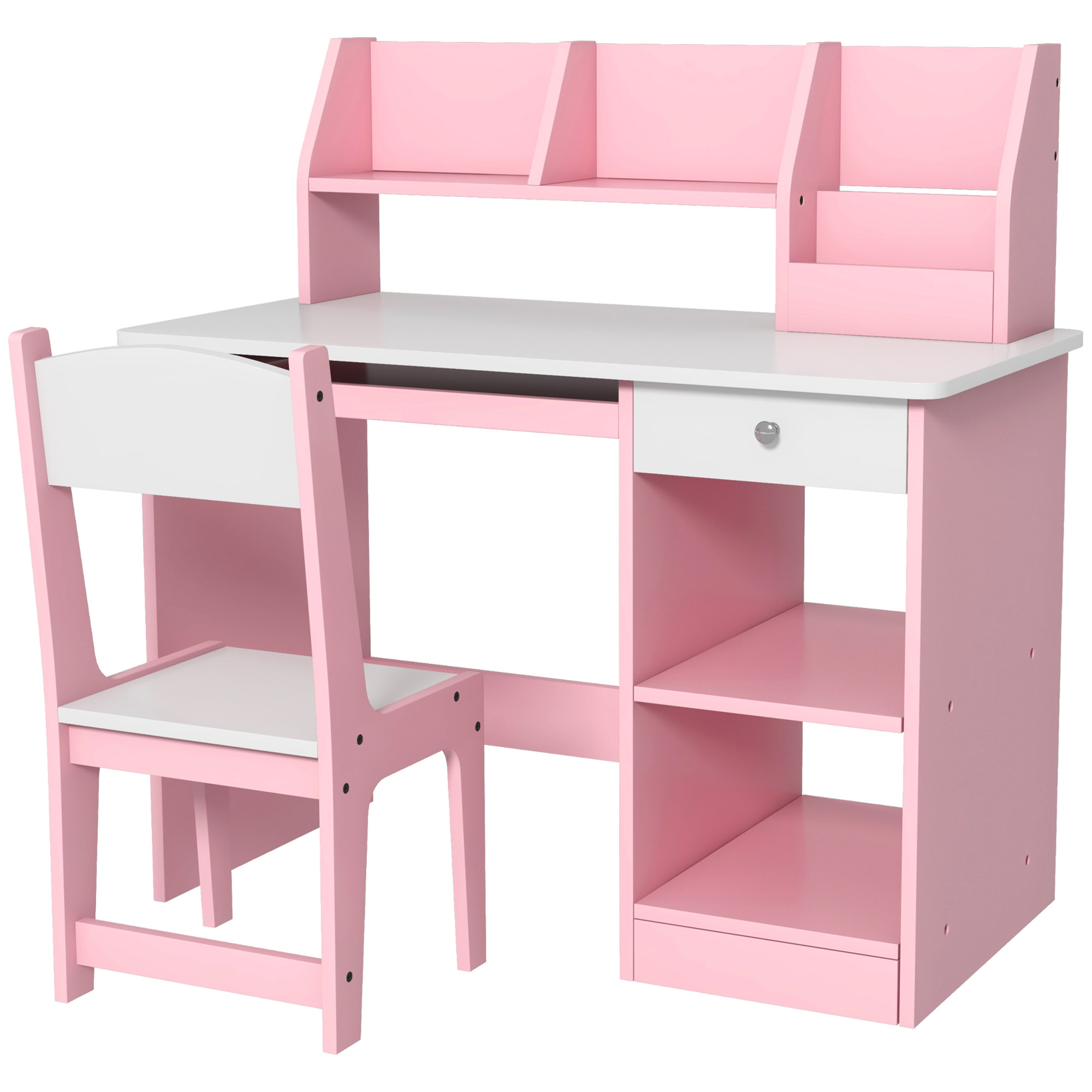 Bureau enfant multi-rangement - ensemble bureau, chaise, étagère - tiroir, plateau coulissant, 2 niches, 2 étagères, 2 présentoirs livres - rose