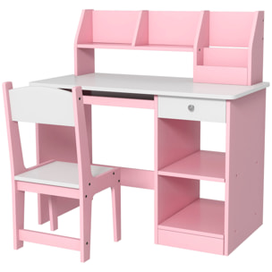 Bureau enfant multi-rangement - ensemble bureau, chaise, étagère - tiroir, plateau coulissant, 2 niches, 2 étagères, 2 présentoirs livres - rose