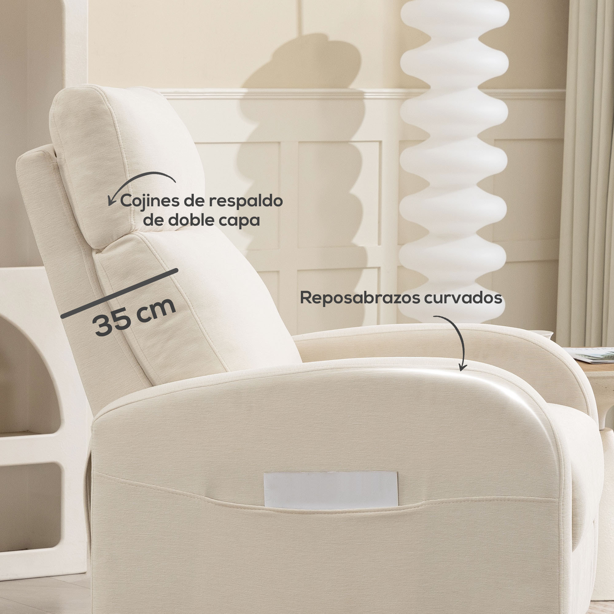 Sillón Relax Reclinable Manual Sillón Relax Tapizado en Lino Sintético con Reposapiés y Bolsillo Lateral Carga 135 kg Sillón Reclinable para Dormitorio Oficina Crema