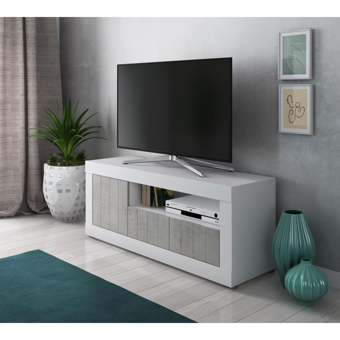 Mobile da soggiorno porta TV, Madia con scaffali e ripiani, Porta TV da salotto, cm 137x42h56, colore Bianco e Cemento