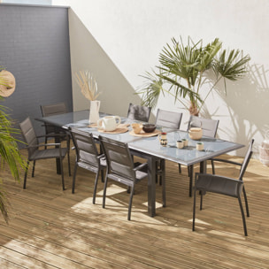 Table de jardin extensible aluminium + 8 assises Gris anthracite - Table en aluminium 200/300cm. plateau de verre. rallonge et 8 fauteuils en textilène