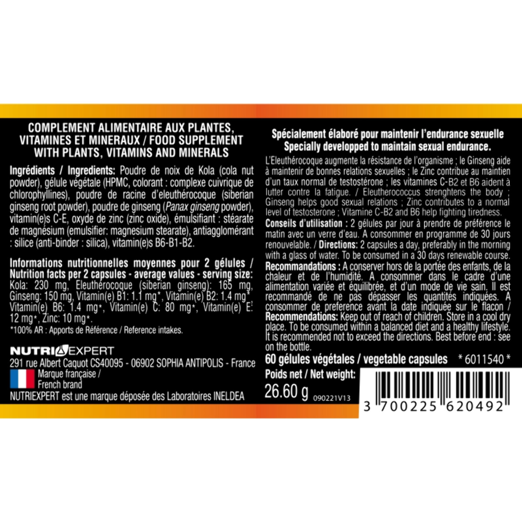 NUTRI EXPERT - Sex Control - Complement alimentaire aux extraits de plantes, vitamines et minéraux - Maintient le taux de testostérone - Augmente la résistance de l'organisme - Cure 30 jours