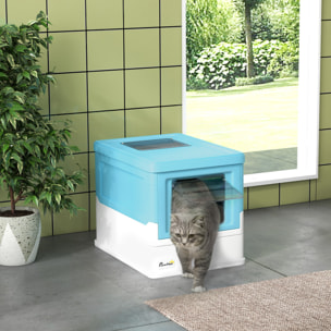 Caja de Arena Plegable para Gatos Arenero Cerrado para Gatos con Cubierta Desmontable Bandeja Extraíble Techo Abatible Puerta de Entrada y Pala 47,5x35,5x36,7 cm Azul y Blanco