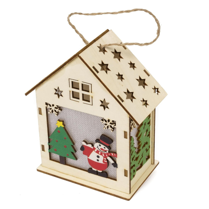 DAM Lampadario a forma di casa in legno con pupazzo di neve a LED e design dell'albero di Natale. 10x5,5x12 cm. Colore: beige chiaro