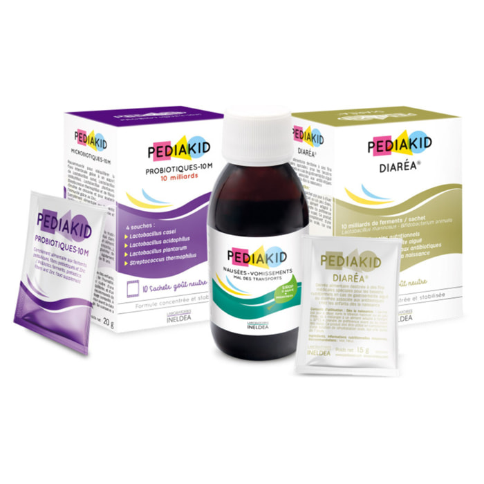 PEDIAKID - Box Désordres Intestinaux - Sirop-Nausées Vomissements Mal des transports, Diarea, Probiotiques-10M - Aide à soulager les troubles gastriques, nausées, vomissements - Dès 6 mois