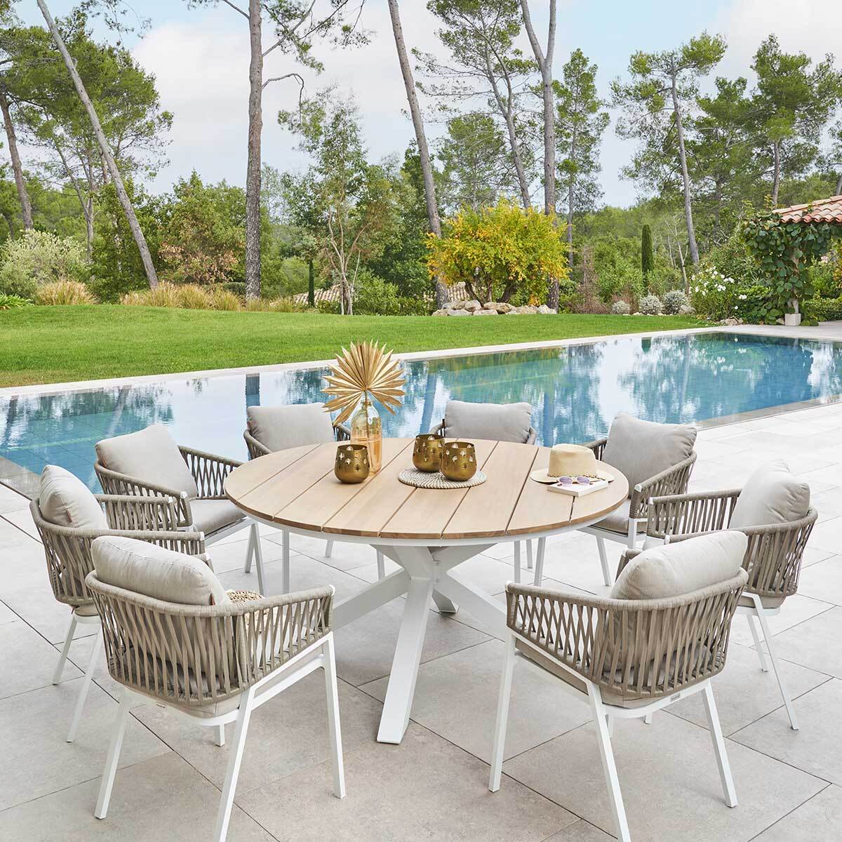 Table de jardin ronde "Oriengo" acacia  & blanc 8 places en aluminium traité époxy