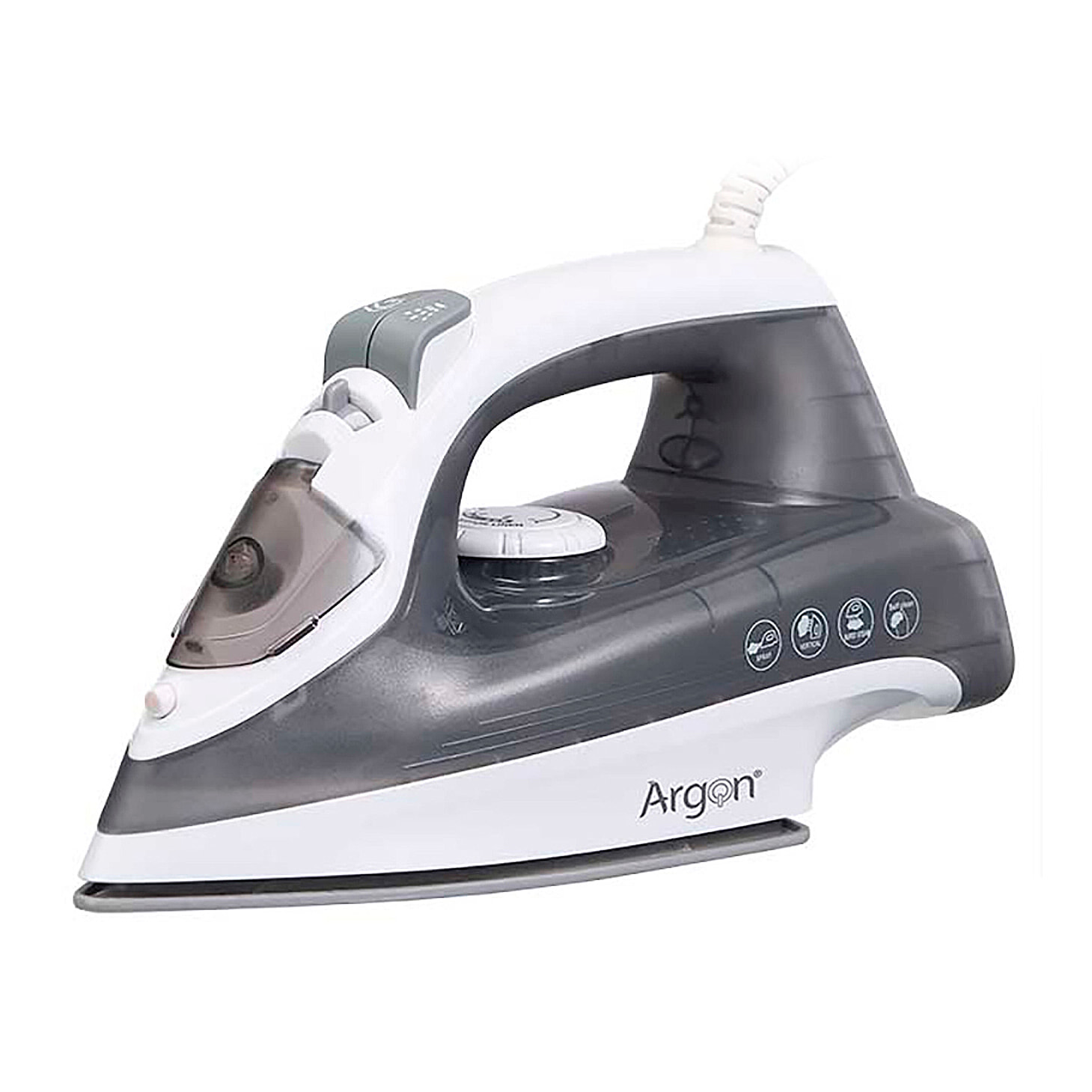 Plancha gris con suela cerámica, 2200W de potencia y 200ml de capacidad.