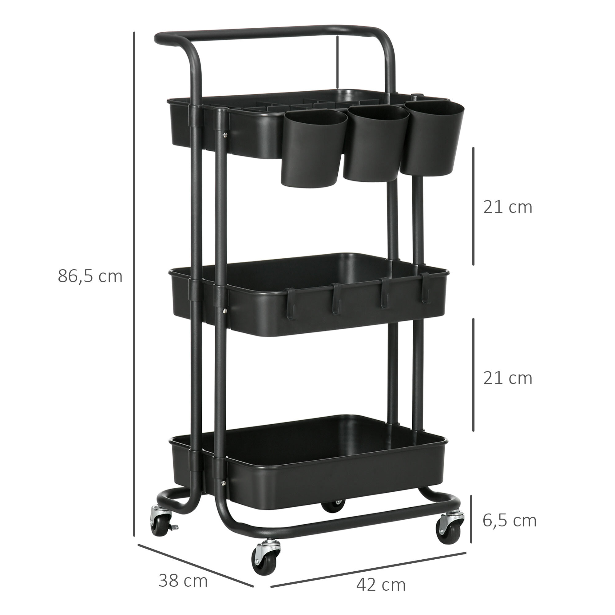 HOMCOM Carrito de Cocina de Acero Carro de Almacenamiento con 4 Ganchos Asa 3 Cestas Extraíbles 3 Cajas Colgantes y Frenos para Baño Salón Dormitorio 42x38x86,5 cm Negro