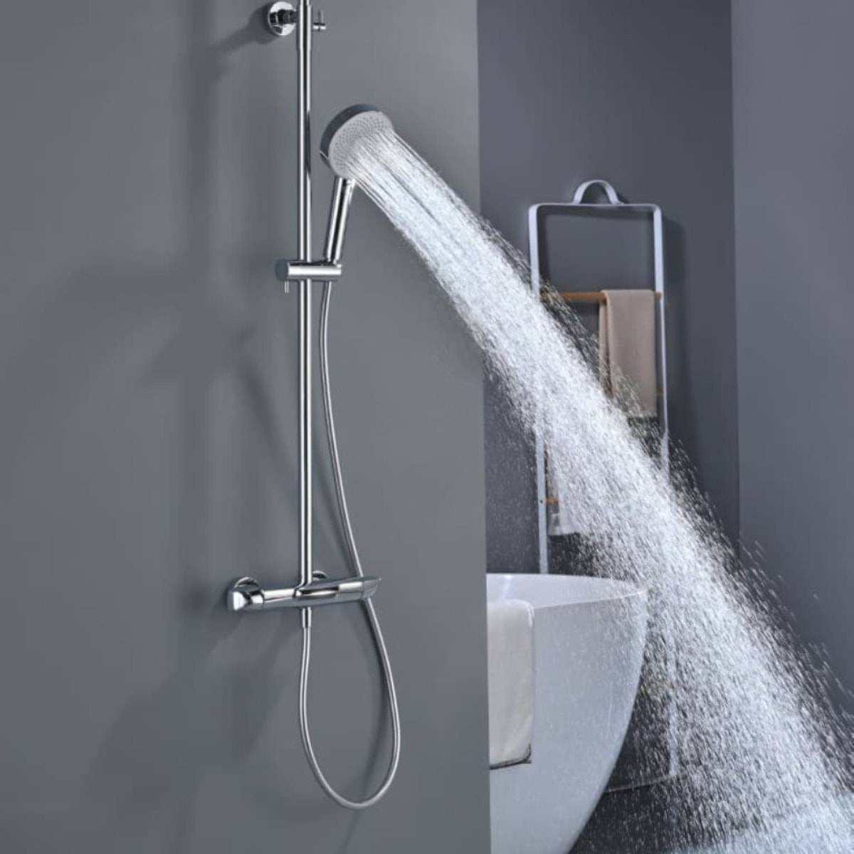 Ensemble bain/douche 3 jets avec mitigeur thermostatique de baignoire + douche de tête + douchette à main, chrome (SATSSTVK)