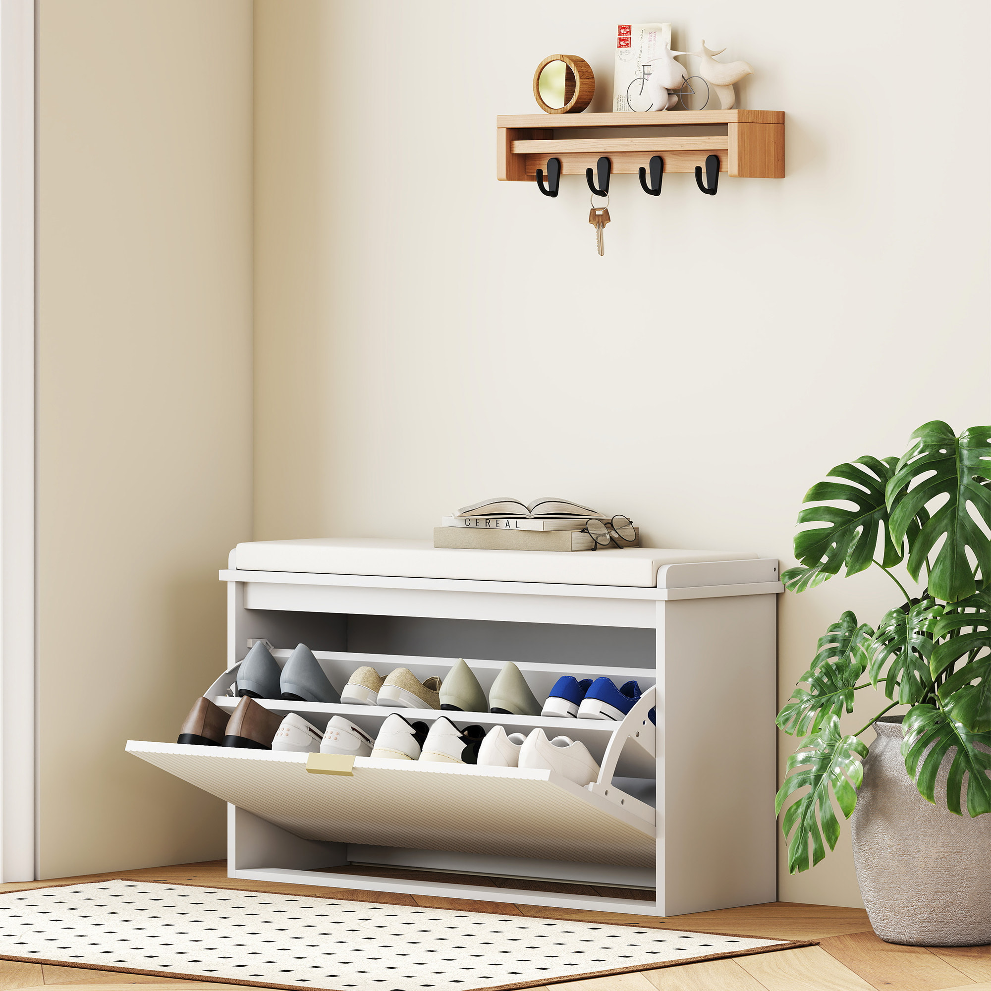 Banco Zapatero Mueble Zapatero Estrecho Banco Recibidor con Asiento Acolchado Cajón Abatible y Panel de Tablillas para 8 Pares de Zapatos para Entrada Dormitorio 80x26x47,5 cm Blanco