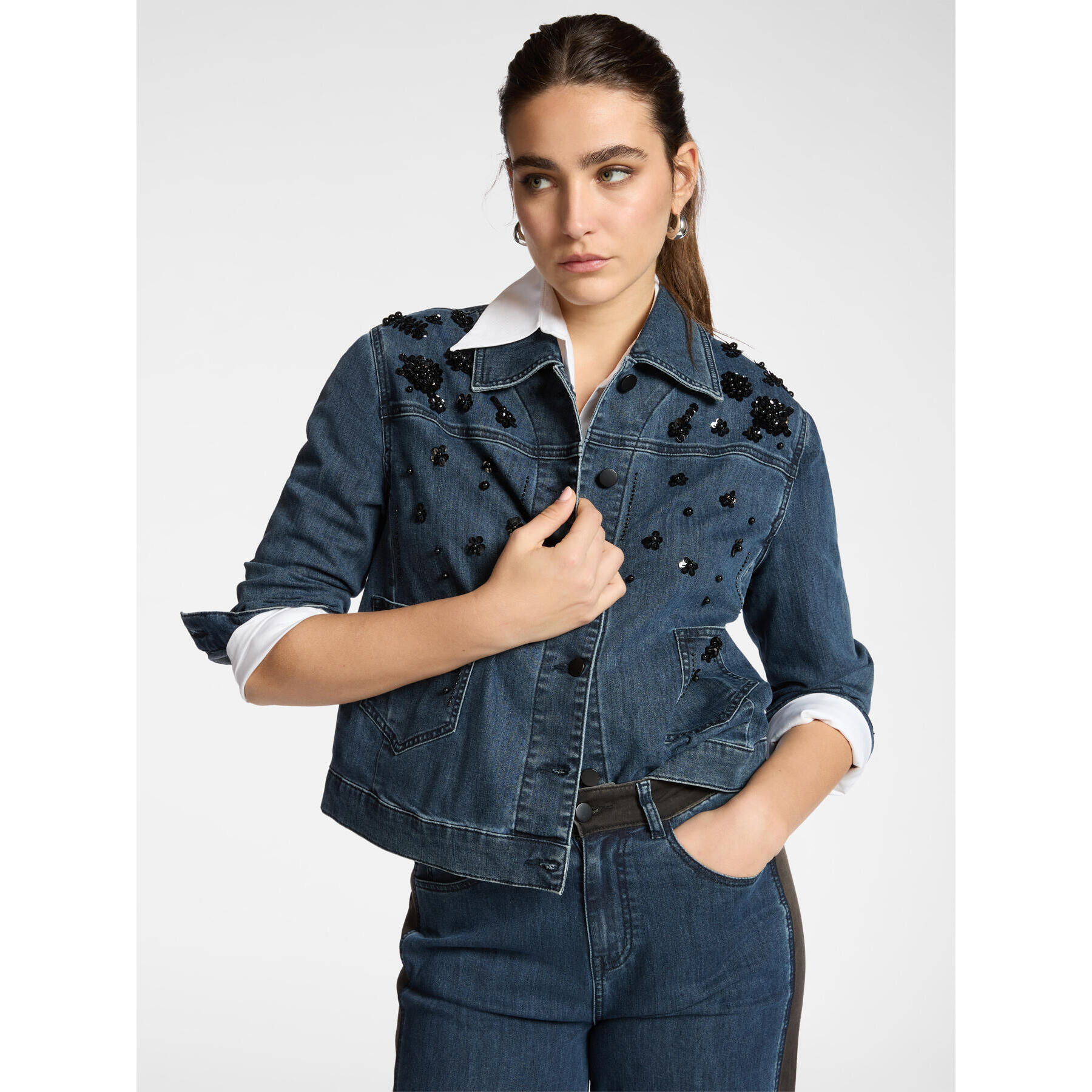 Elena Mirò - Giacca boxy in denim con ricami - Blu