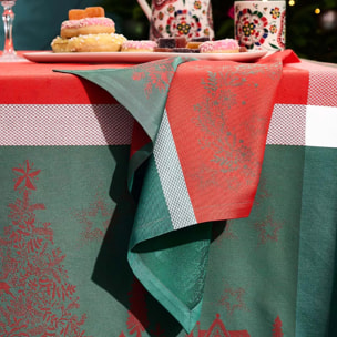 Serviette pur coton 220 g/m² motif jacquard vert rouge Noel magique houx