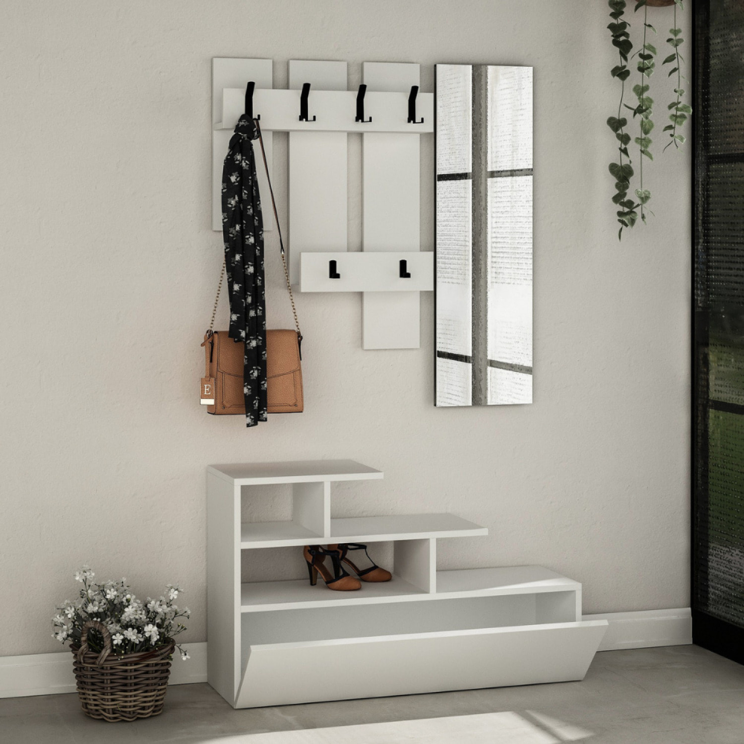 ACCRA - Meuble d'entrée effet bois avec porte manteau, rangement et miroir