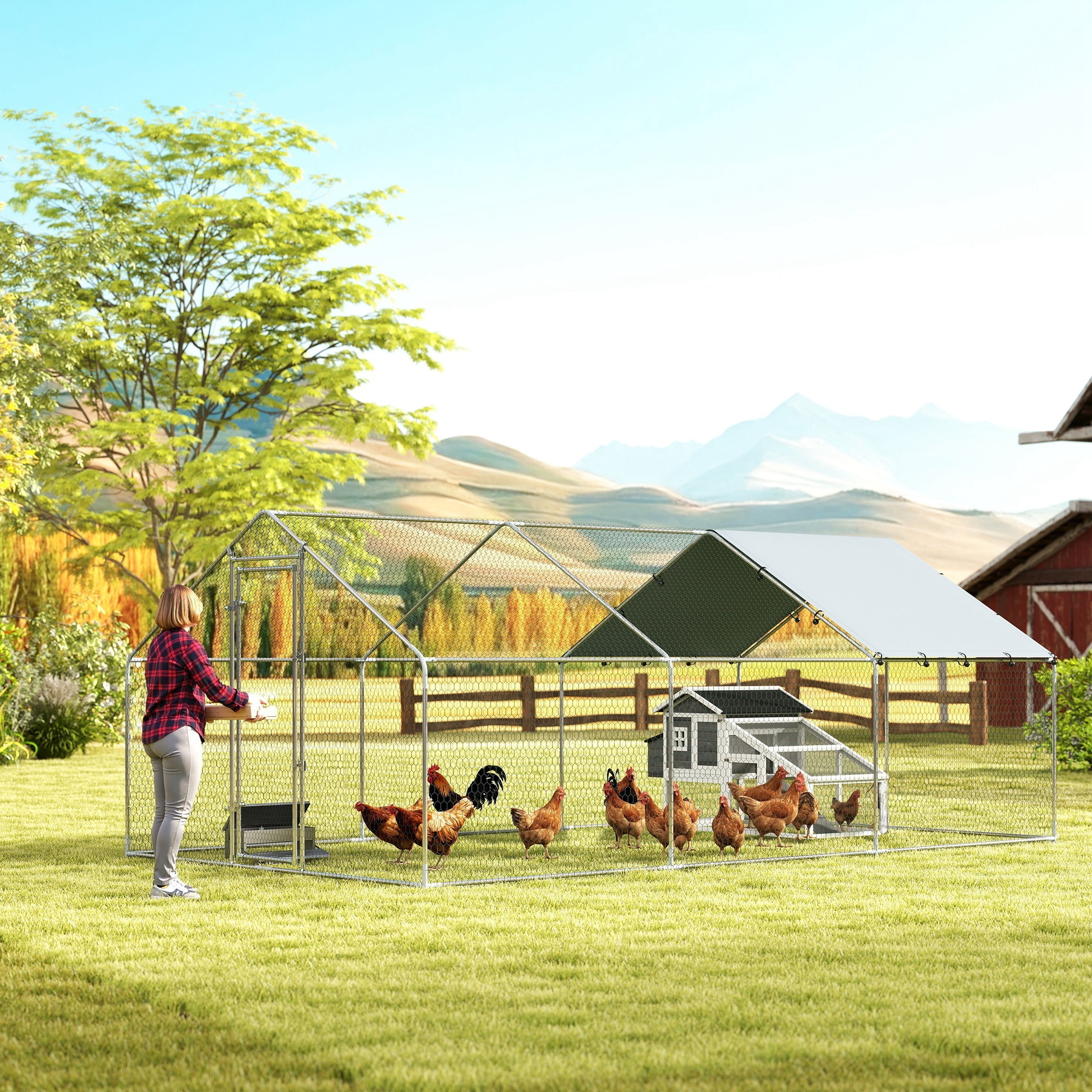 Gallinero para Exterior Grande, 5,1x3x1,9 m, Gallinero de Acero Galvanizado, Puerta con Doble Cierre, Cubierta Tela Oxford, Anti-UV e Impermeable, Diseño Accesible, para 15-24 Gallinas, Plata