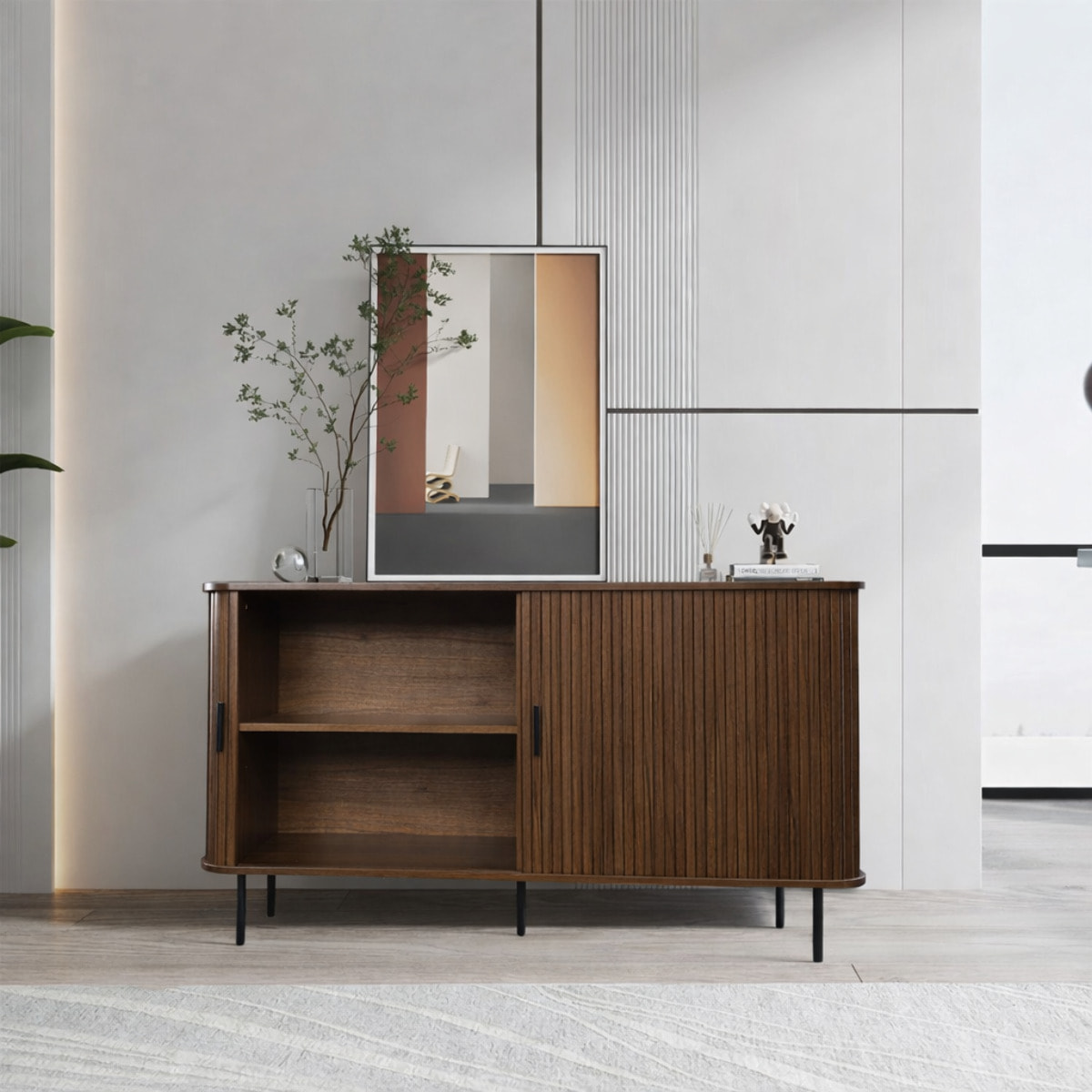 Buffet en bois cannelé à portes coulissantes 140cm AMINA