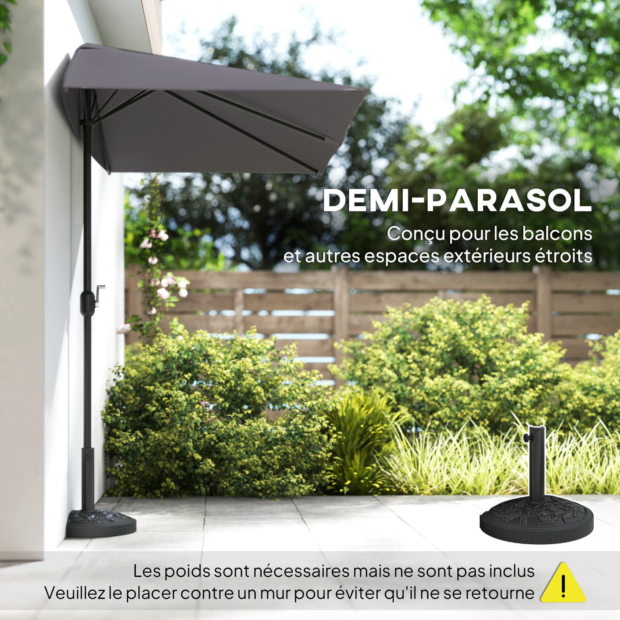 Demi-parasol Ø 230 cm Parasol de balcon terrasse avec manivelle Protection solaire UV Polyester pour contre au mur, porche, balcon crème