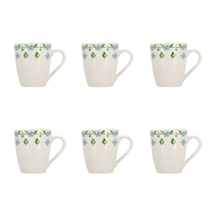 Lot de 6 mugs 36cl en porcelaine blanc et bleu floral PRIMAVERA