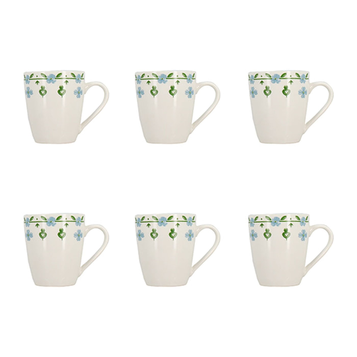 Lot de 6 mugs 36cl en porcelaine blanc et bleu floral PRIMAVERA