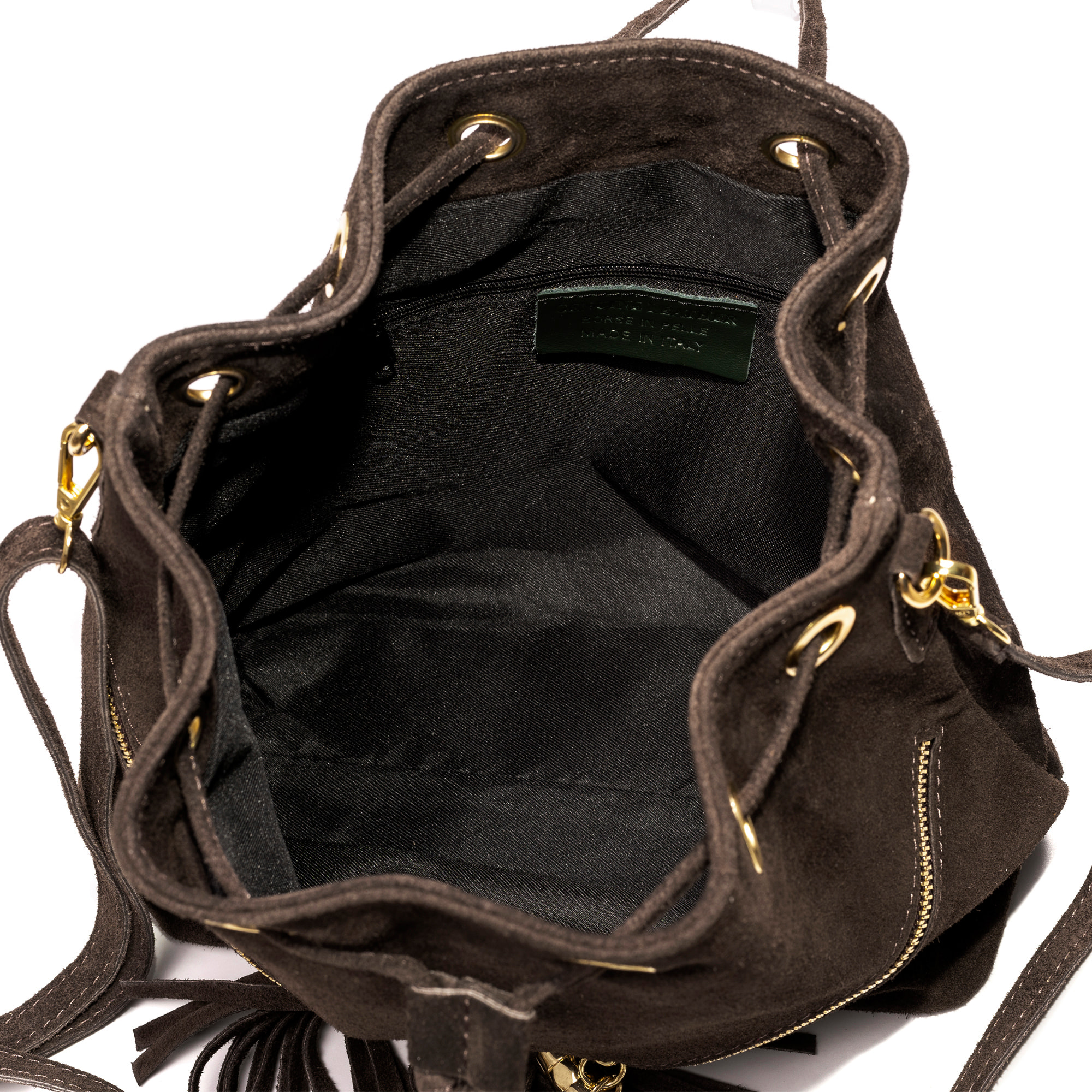 Arzene bolso bandolera piel auténtica gamuza. Diseño fruncido y borlas en el frontal