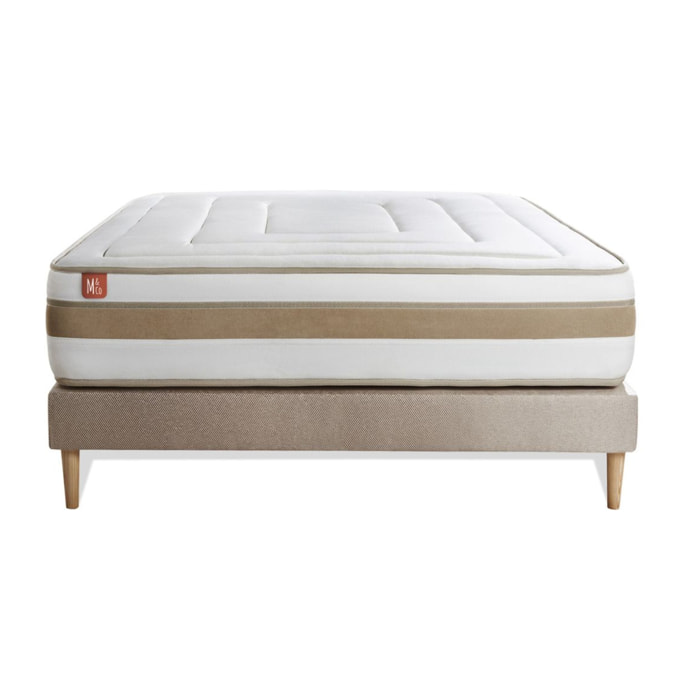 Ensemble Matelas Le Raffiné - 26cm - Ressorts ensachés et mémoire de forme - Confort haut de gamme, impact réduit. - Sommier kit Beige