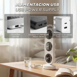 Ventilador USB, 3W, 3 velocidades, batería 1200mAh, blanco