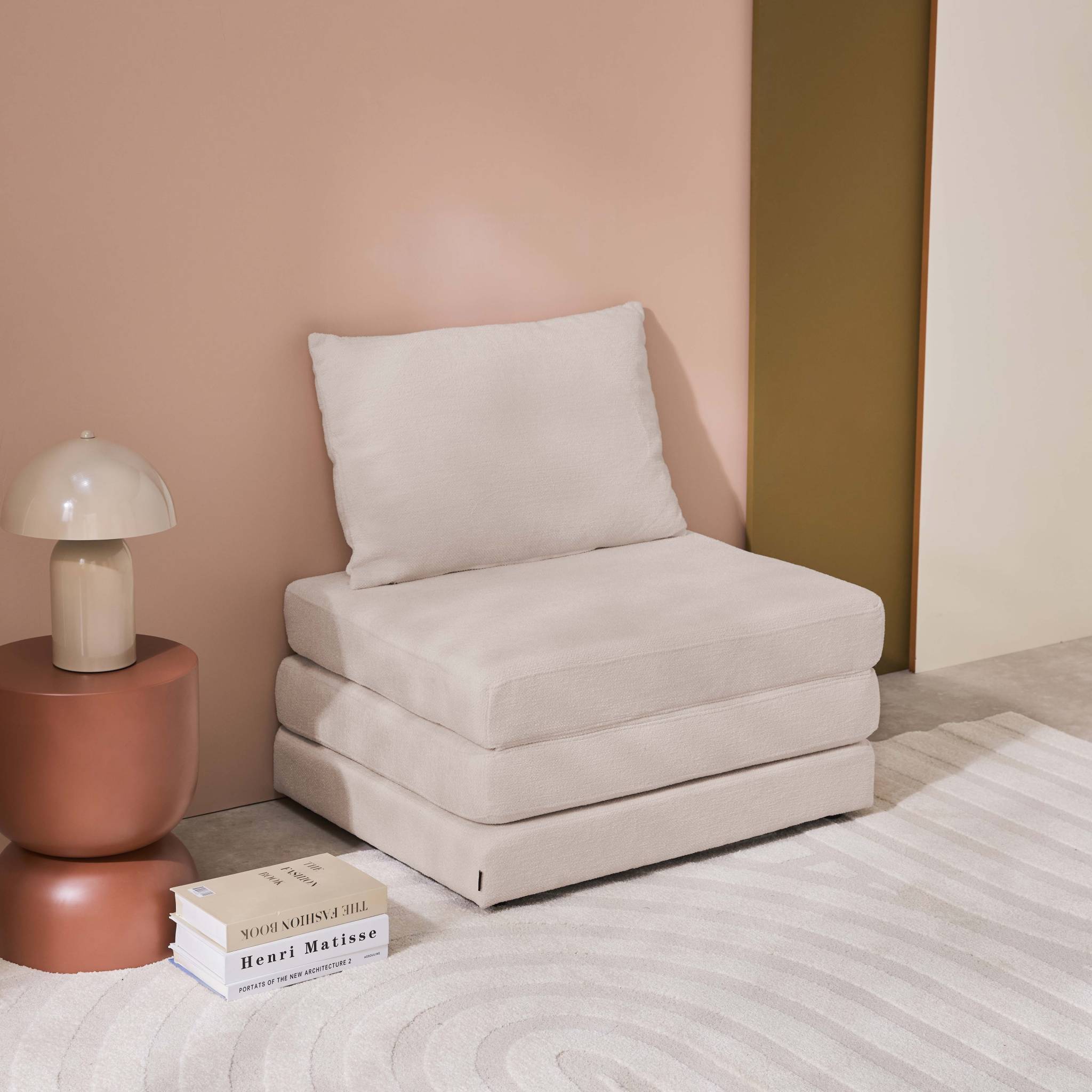 Chauffeuse matelas convertible beige tissu chenille 1 place Fold