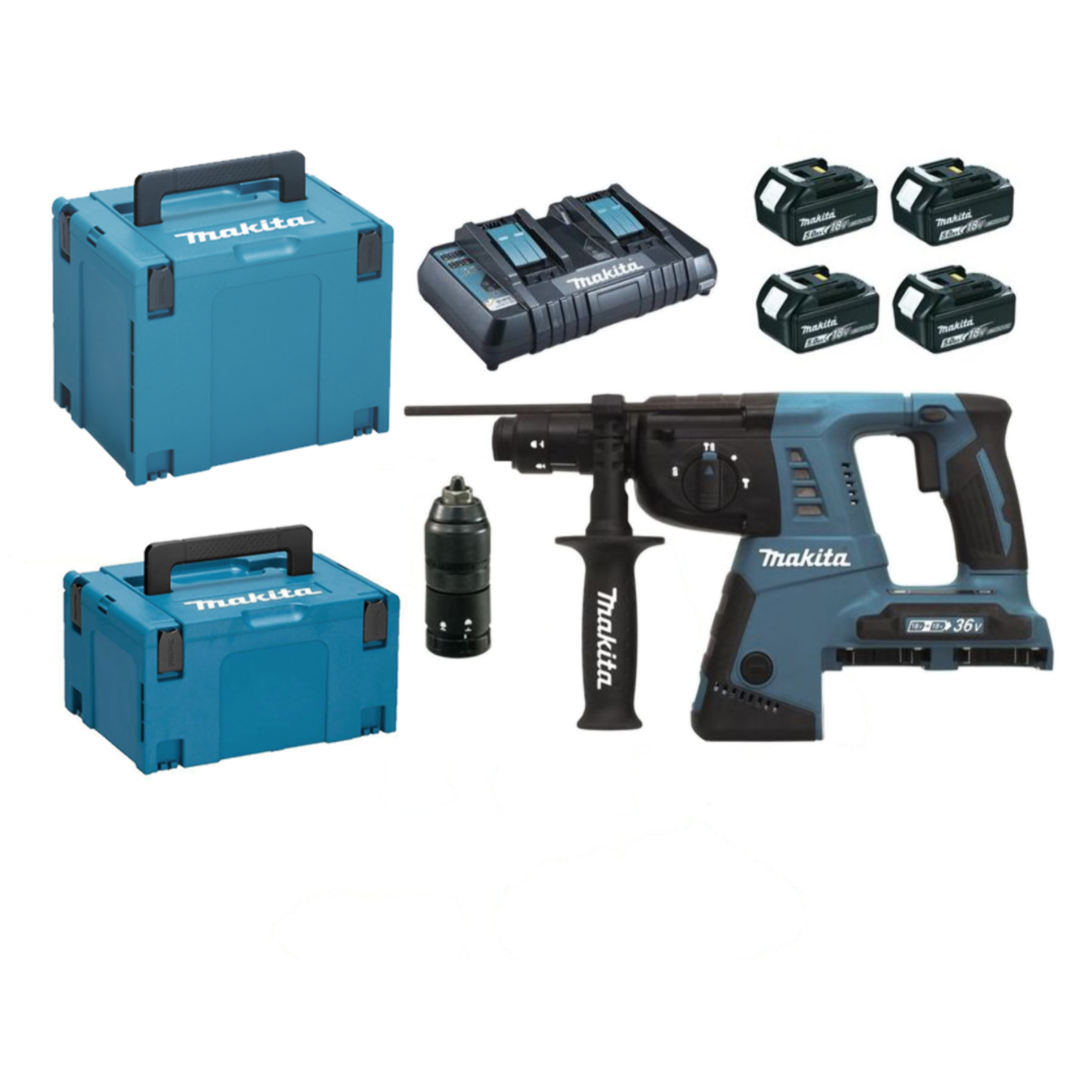 SDS+ 36V MAKITA - 2x18V Li-ion 5Ah - 26mm - 4xbaterías + 1xcargador rápido + 2 maletas de transporte + accesorios - DHR264PT4J