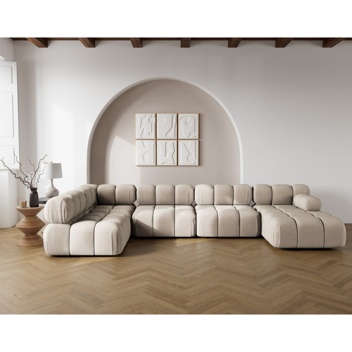 Ruby - canapé panoramique modulable d'angle gauche 7 places en velours texturé - Beige
