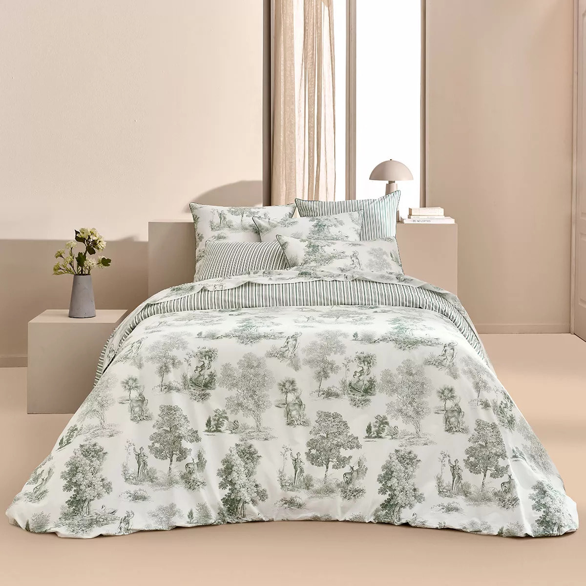 Housse de couette percale de coton imprimé vert Poesie verde