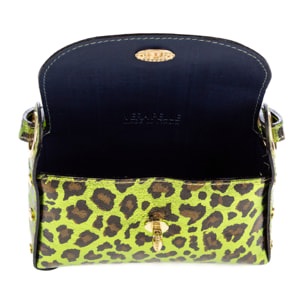 Aquileia bolso de mano mujer. Piel auténtica Gamuza con estampado animal print leopardo lacada brillante.