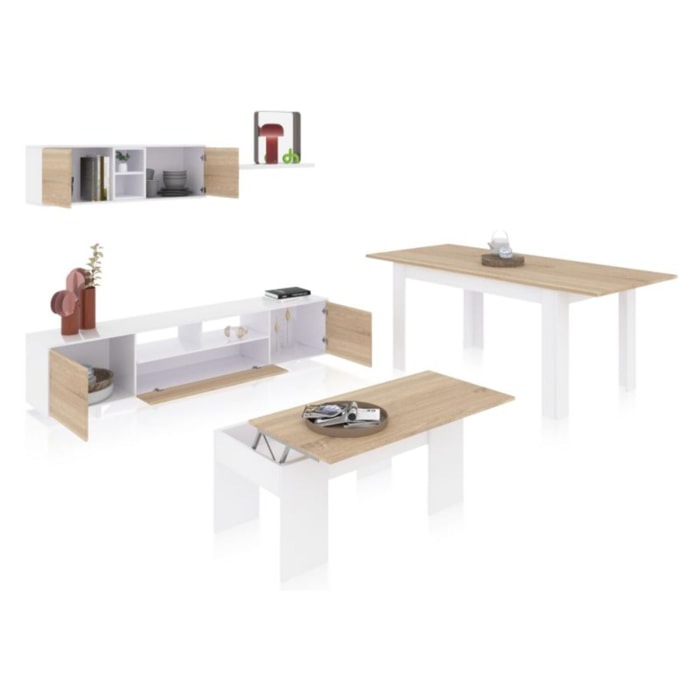 Pack salón con mesa de centro y mesa de comedor Kenzo Max V2B Blanco Brillo - Roble Canadian