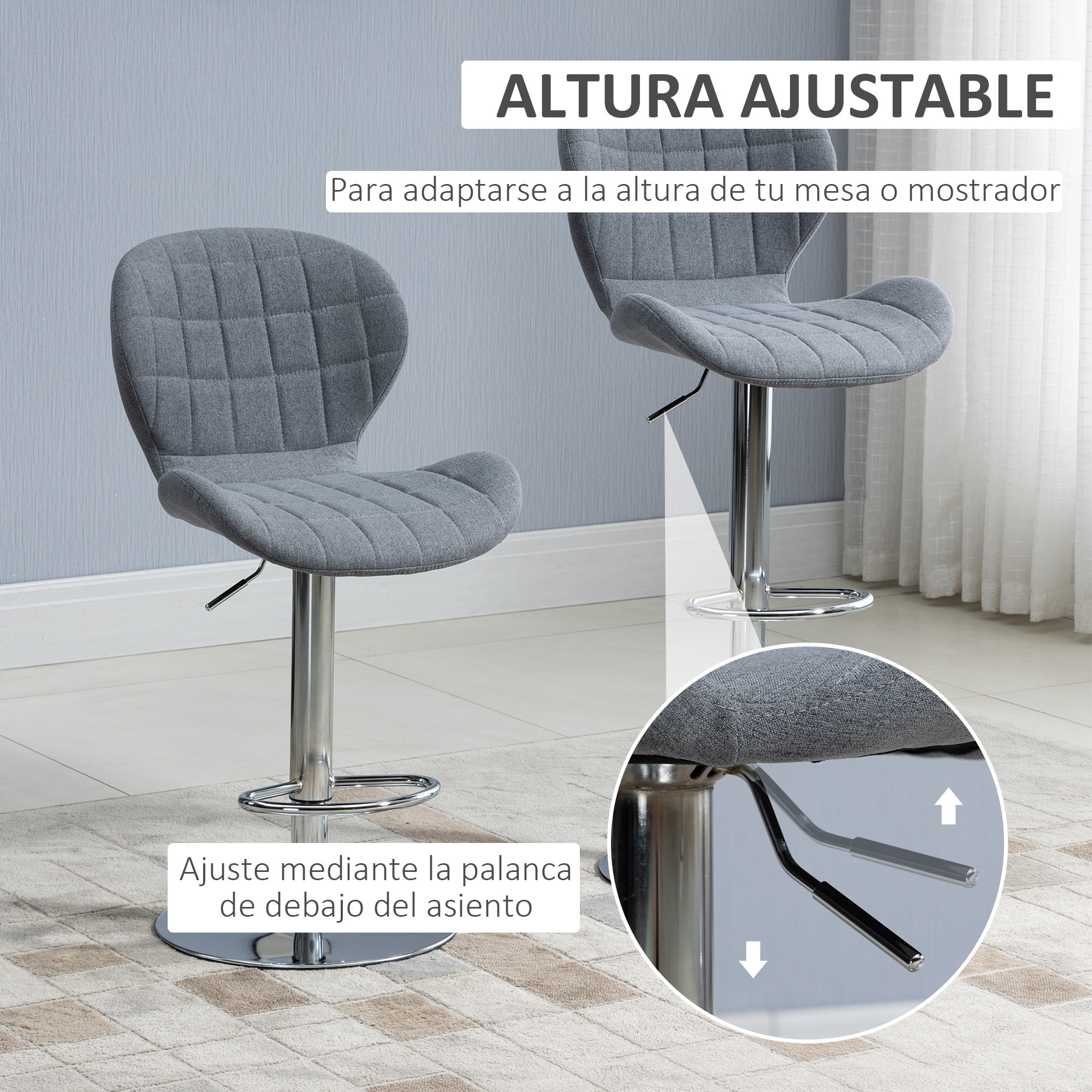 HOMCOM Juego de 2 Taburetes de Bar Modernos Taburetes Altos de Cocina Giratorios con Altura Ajustable Reposapiés y Base de Acero 47x53,5x94-113 cm Gris