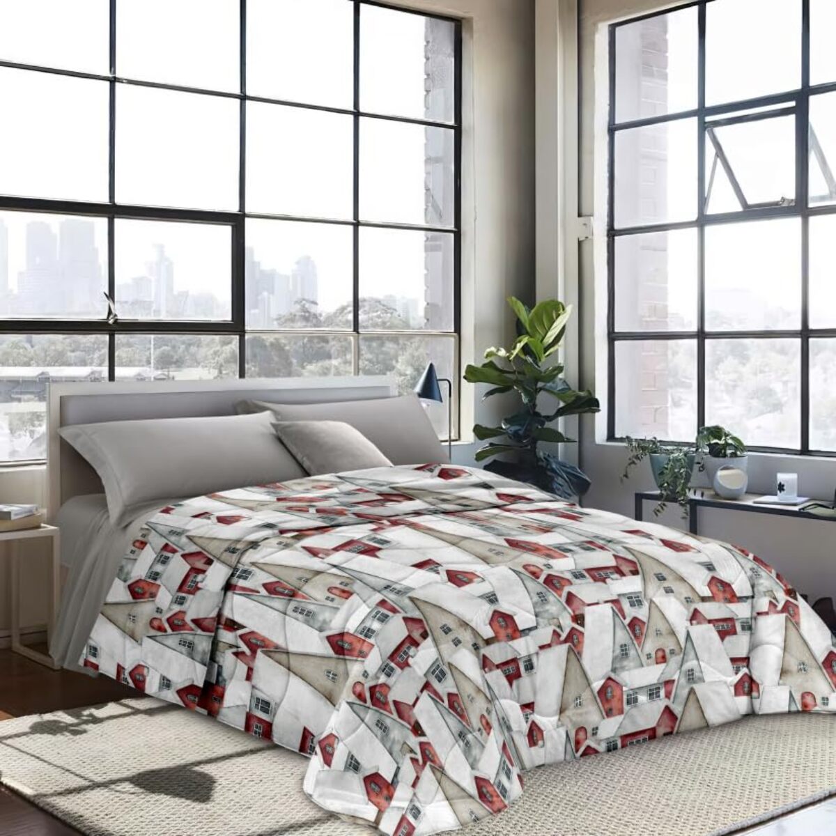 INTRECCI Piumino Matrimoniale, 260 x 260 cm, Piumino Ecologico, Caldo, Invernale, 300 g/m², Anallergico e Antiacaro, Made in Italy, Lavabile in Lavatrice, Soffice, Morbido. Fantasia: Casette