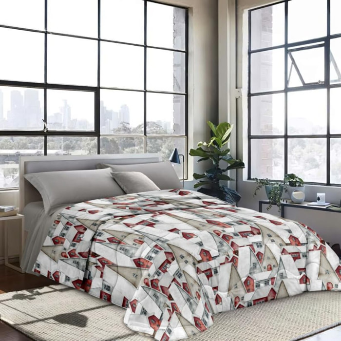 INTRECCI Piumino Matrimoniale, 260 x 260 cm, Piumino Ecologico, Caldo, Invernale, 300 g/m², Anallergico e Antiacaro, Made in Italy, Lavabile in Lavatrice, Soffice, Morbido. Fantasia: Casette