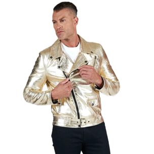 Chiodo biker in pelle laminata color oro con cintura effetto liscio