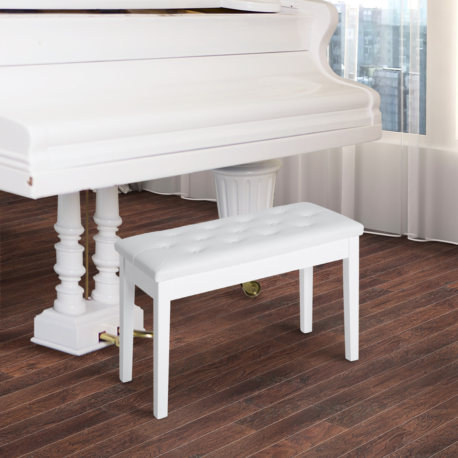 Banco de Piano con Almacenamiento, Banqueta de Piano con Asiento de Cuero Sintético, Patas de Madera, Carga Máxima 200 kg, 76x36x50 cm, Blanco