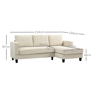 Sofá Chaise Longue, Sofá de 3 Plazas en Forma de L, Tapizado en Pana, Asiento y Respaldo Acolchados, para Salón, 214x134x87 cm, Beige