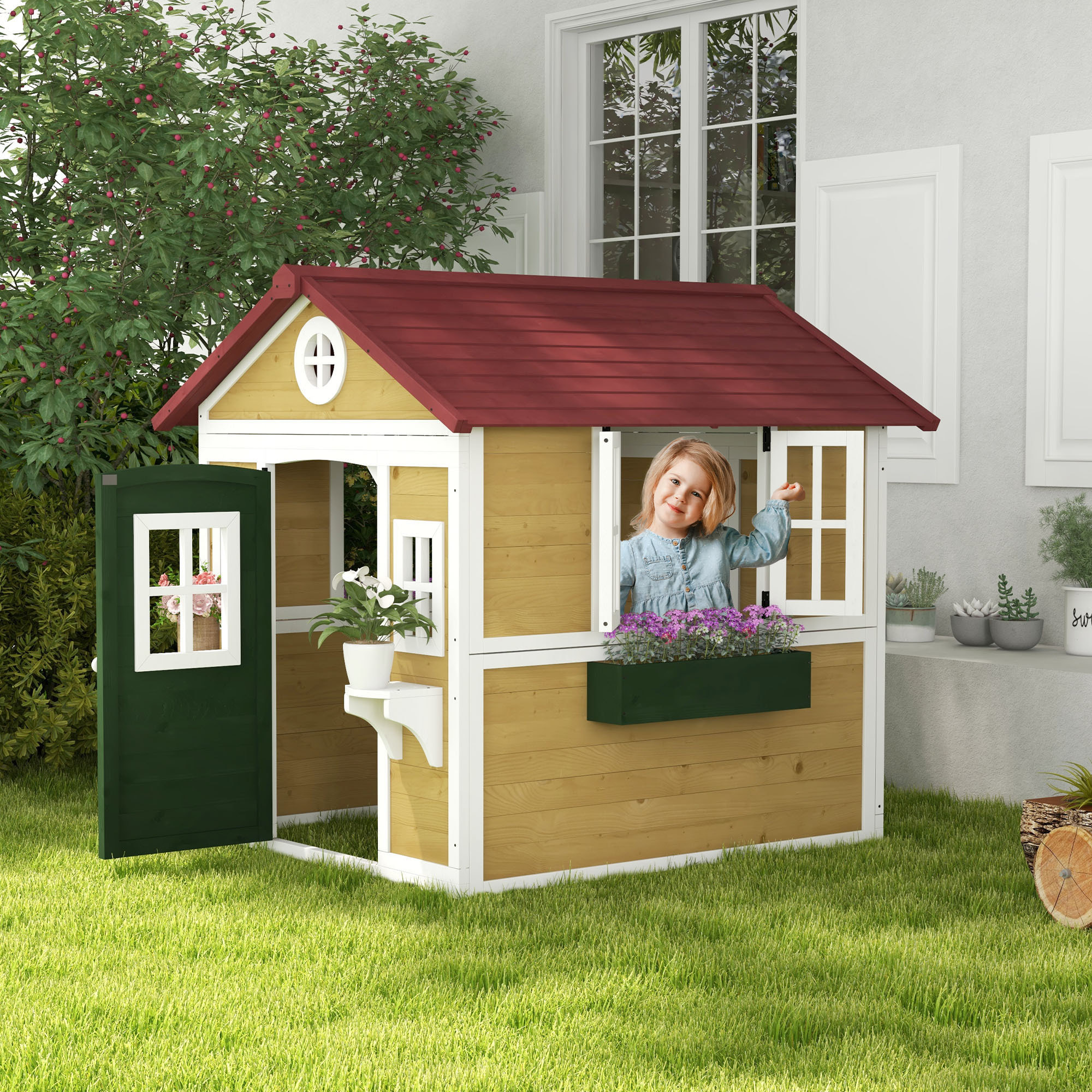 Casa de Jardín Infantil Casa de Madera para Niños con Puerta Ventanas Jardineras y Soportes de Flores 114x126,4x135 cm Madera Natural